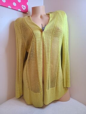 Alfani Lime Green Mixed Knit Open Front Linen Cardigan Size Lg